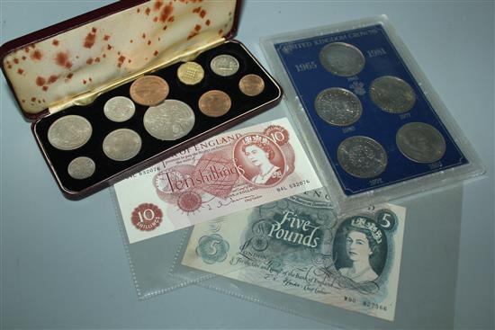 1953 Coronation Specimen coin set and various crowns and bank notes